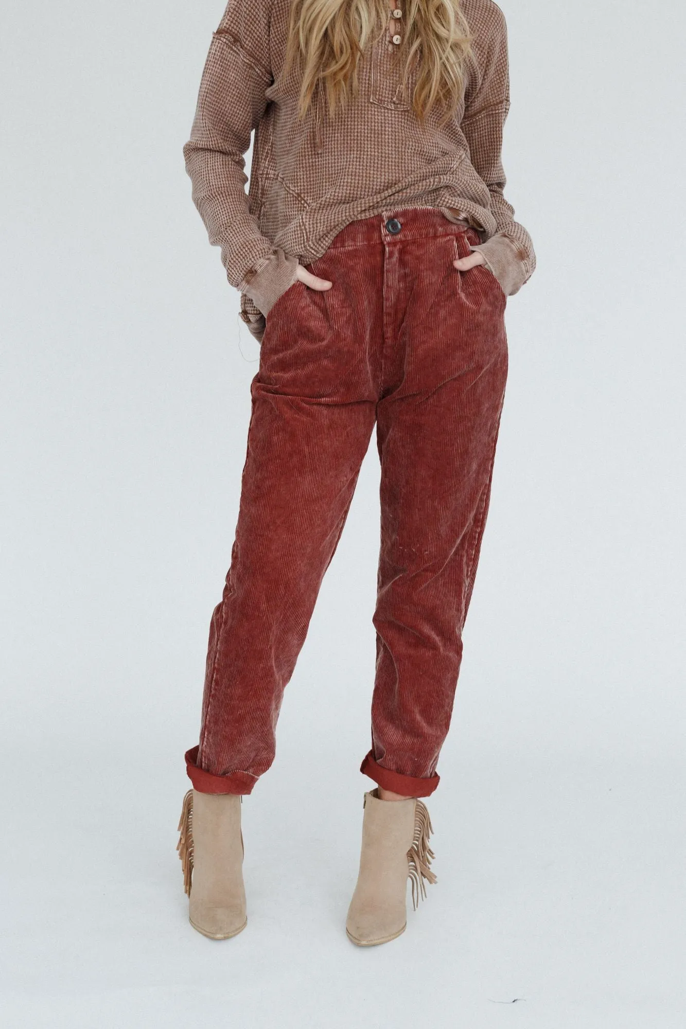 Rust Corduroy Pleated Pants with Pockets