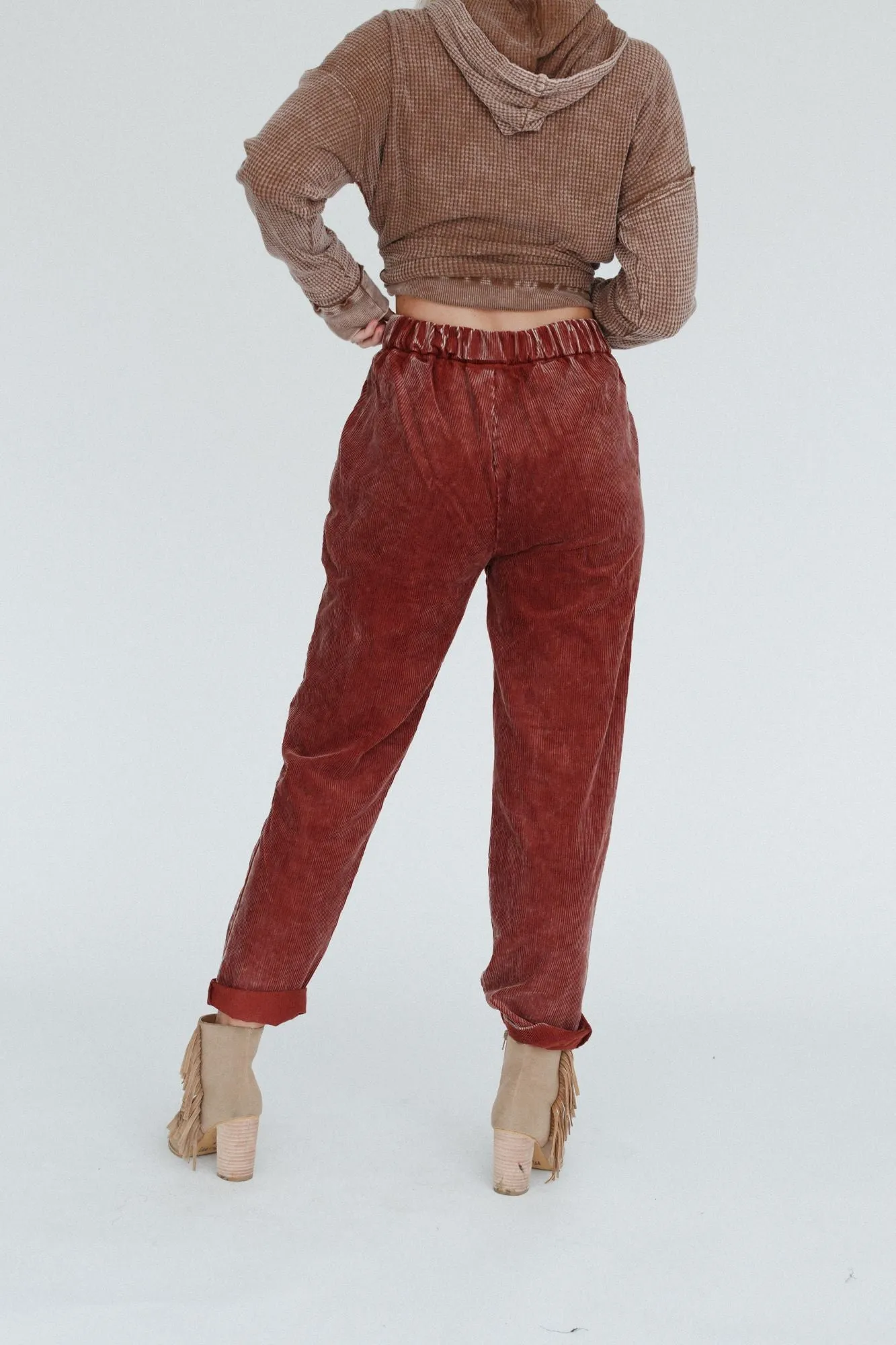 Rust Corduroy Pleated Pants with Pockets