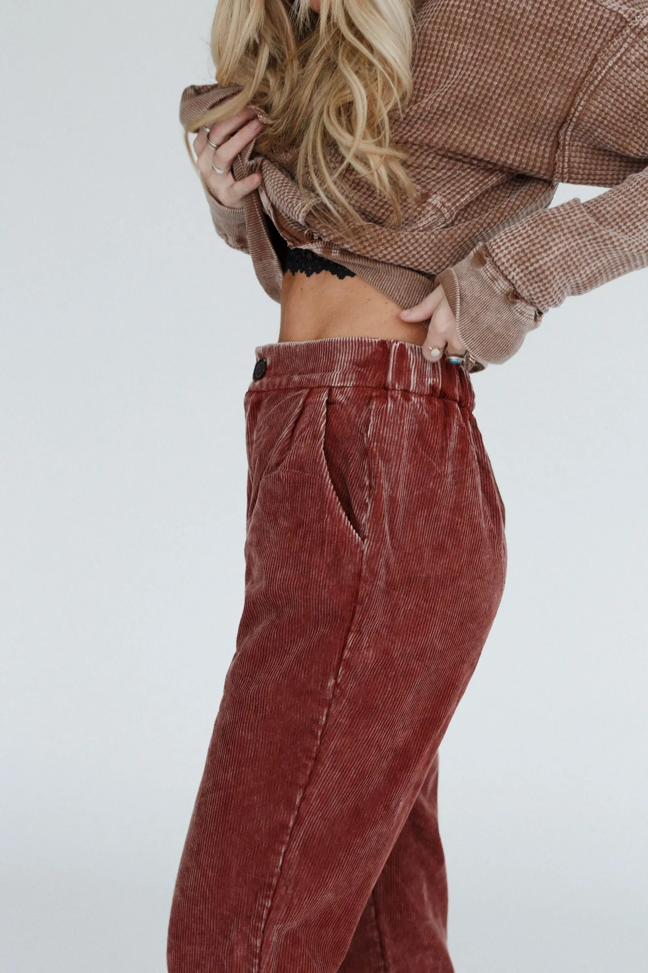 Rust Corduroy Pleated Pants with Pockets