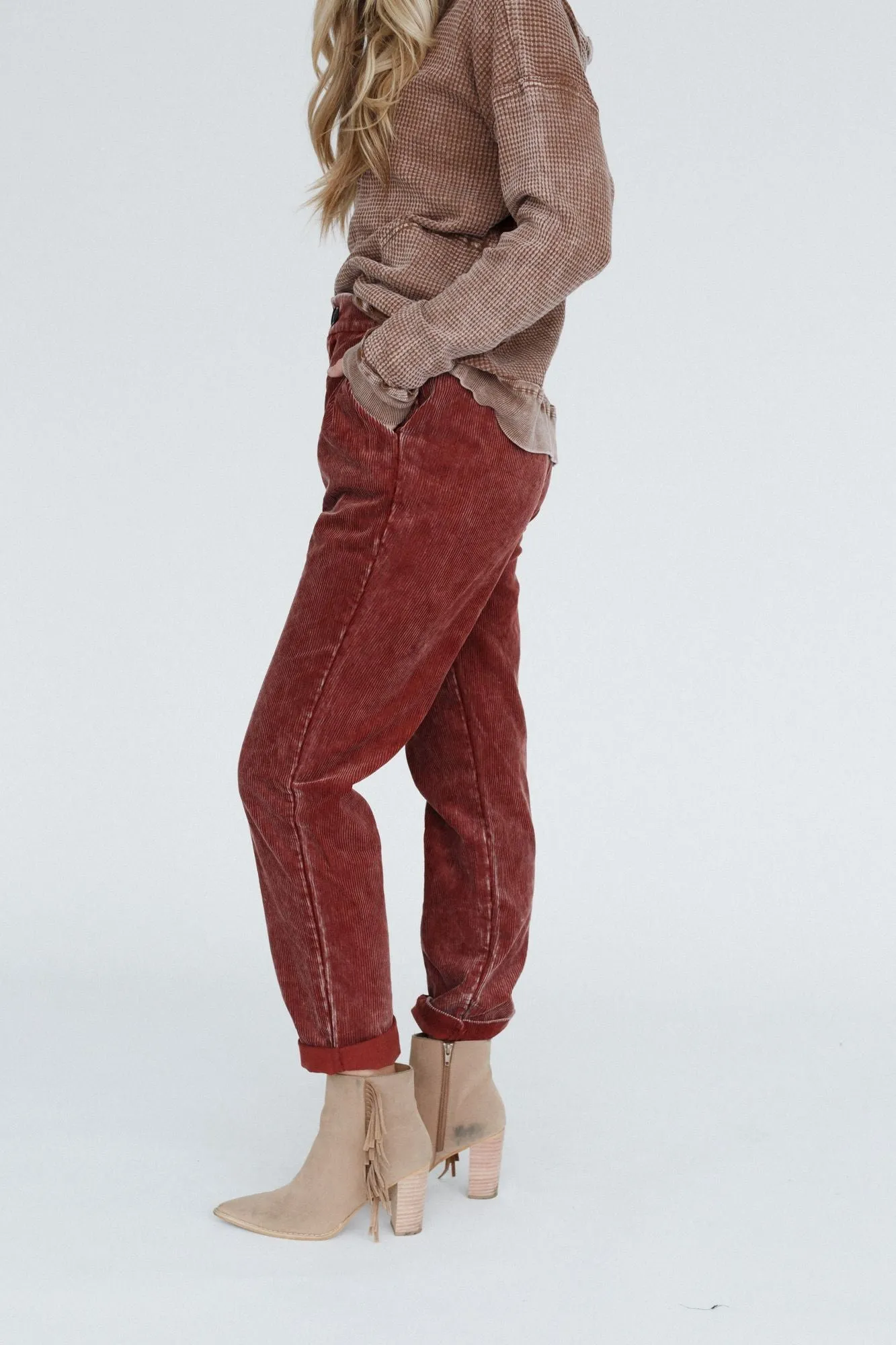 Rust Corduroy Pleated Pants with Pockets