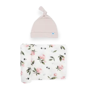 Soft Knit Swaddle and Hat Set, Watercolor Rose - Baby Blanket and Cap Set, Watercolor Rose Design