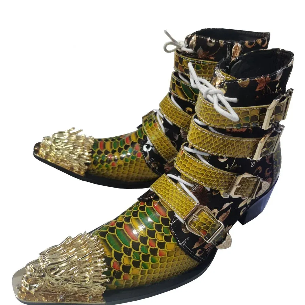 Stylish Genuine Leather Mid-Calf Boots for Men: Serpentine Pattern