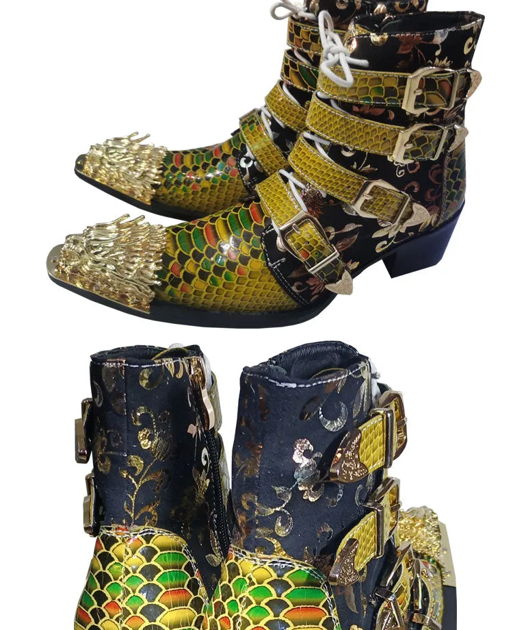 Stylish Genuine Leather Mid-Calf Boots for Men: Serpentine Pattern