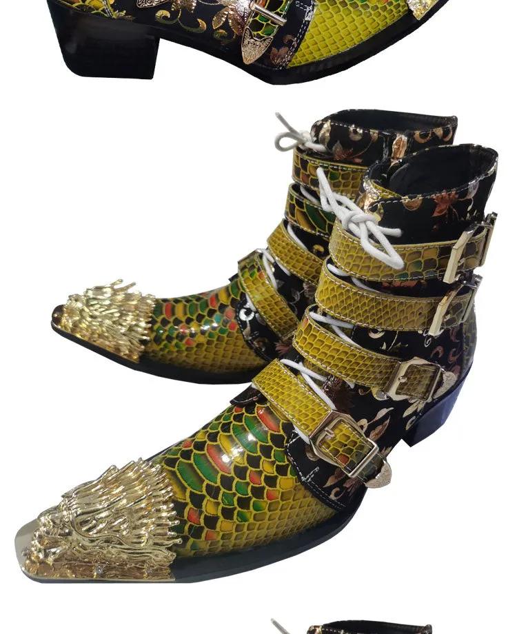 Stylish Genuine Leather Mid-Calf Boots for Men: Serpentine Pattern