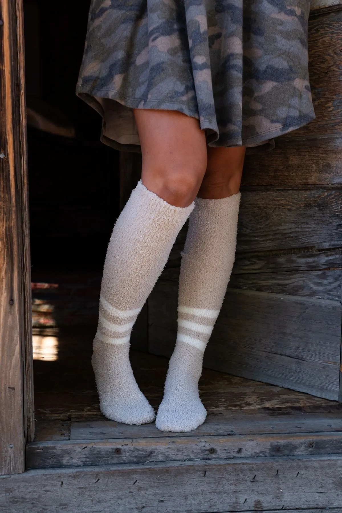 Taupe Varsity Stripe Boucle Knee Socks