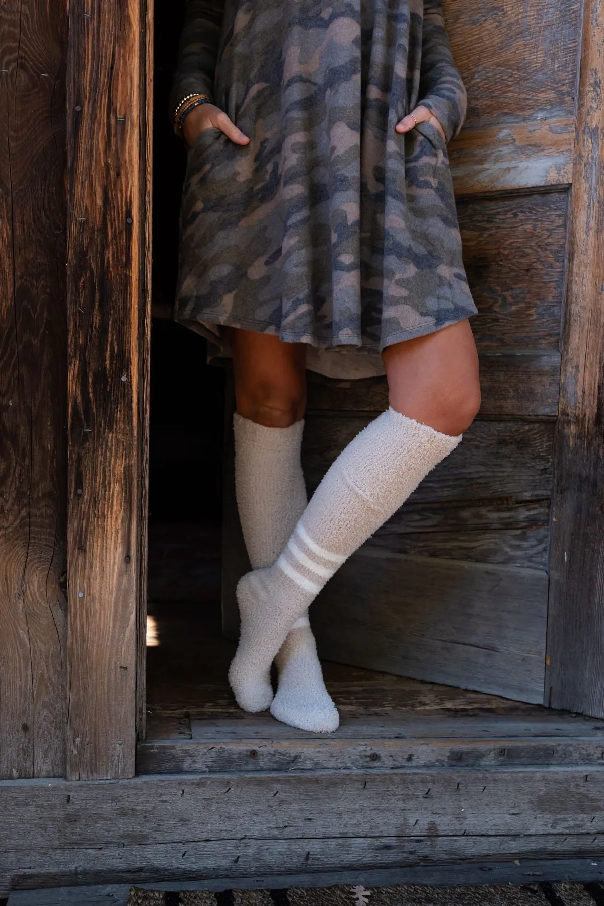 Taupe Varsity Stripe Boucle Knee Socks