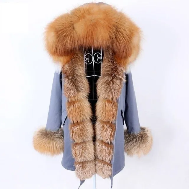 Thick Warm Winter Jacket for Women with Natural Fur Collar and Hood