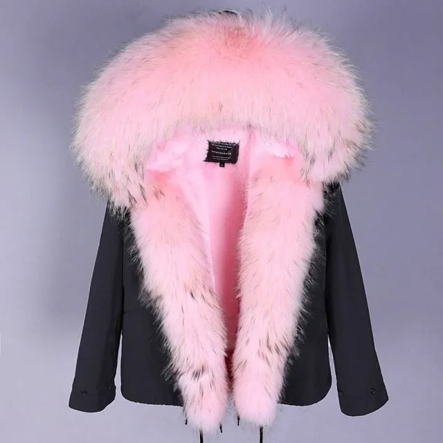 thick warm winter jacket for women with zipper and natural raccoon fur collar