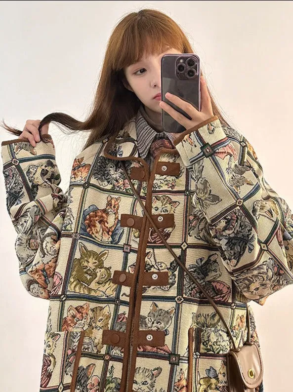 Vintage jacquard jacket women's autumn winter loose lazy style top.