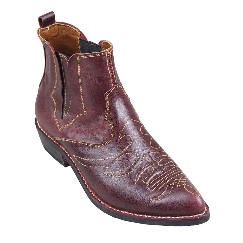 Vintage leather ankle boots for men with block heel, pointed toe, and zipper