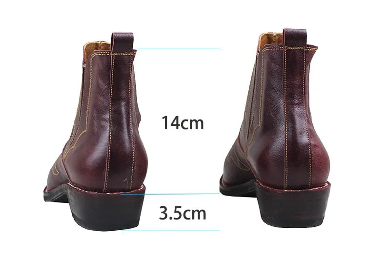 Vintage leather ankle boots for men with block heel, pointed toe, and zipper