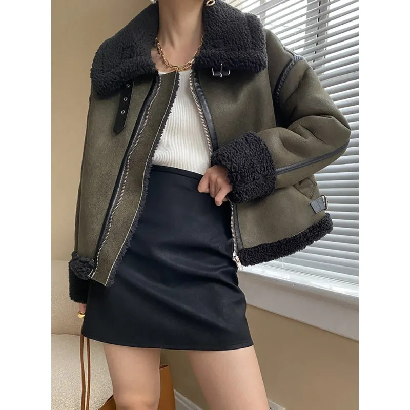 Warm Winter Synthetic Lamb Fur Short Jacket for Women with Zipper