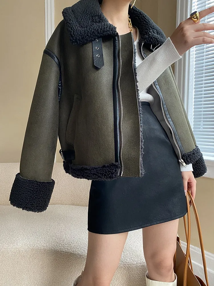 Warm Winter Synthetic Lamb Fur Short Jacket for Women with Zipper