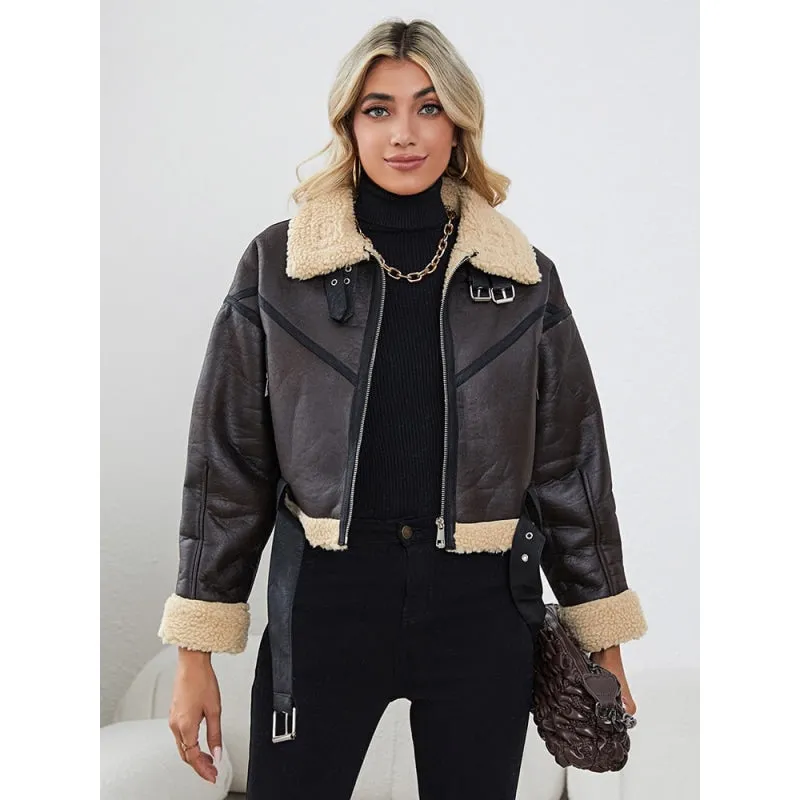 Winter Warm Faux Leather Moto Biker Jacket - Zipper Closure - Short Length - Belt Included.