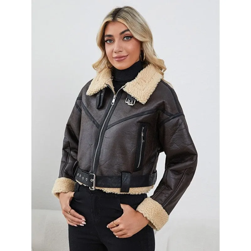 Winter Warm Faux Leather Moto Biker Jacket - Zipper Closure - Short Length - Belt Included.