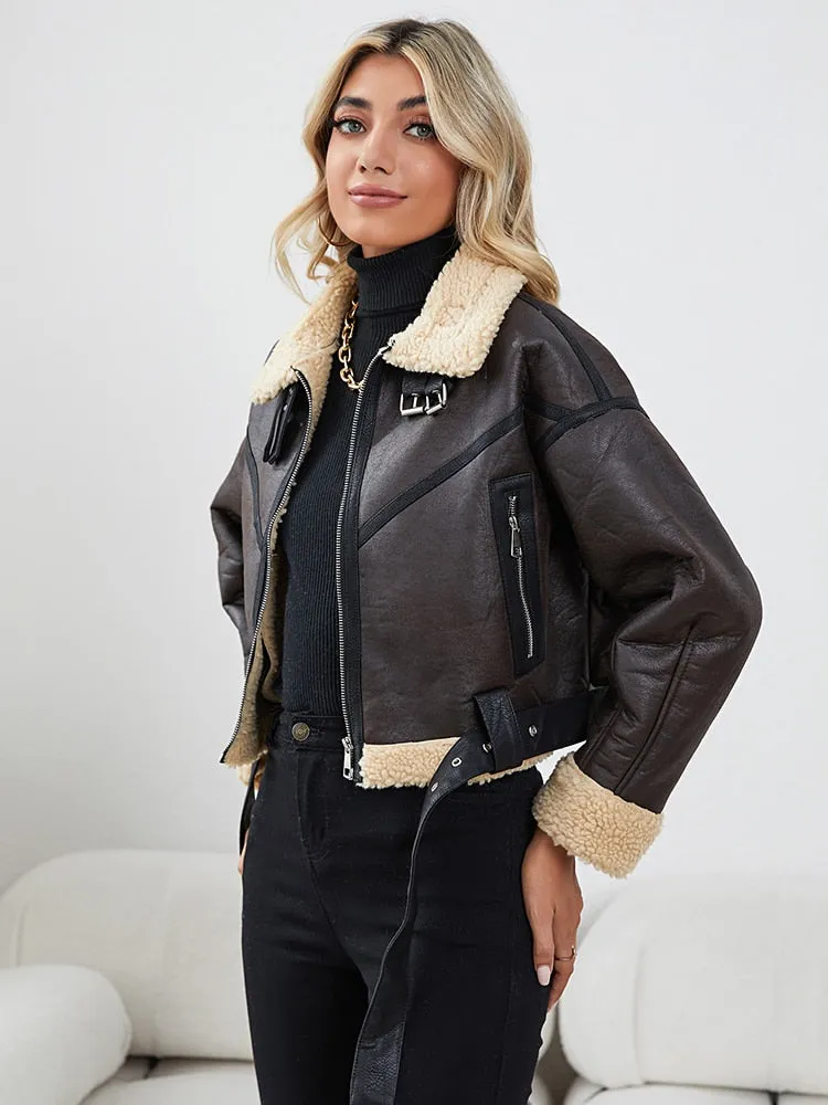 Winter Warm Faux Leather Moto Biker Jacket - Zipper Closure - Short Length - Belt Included.