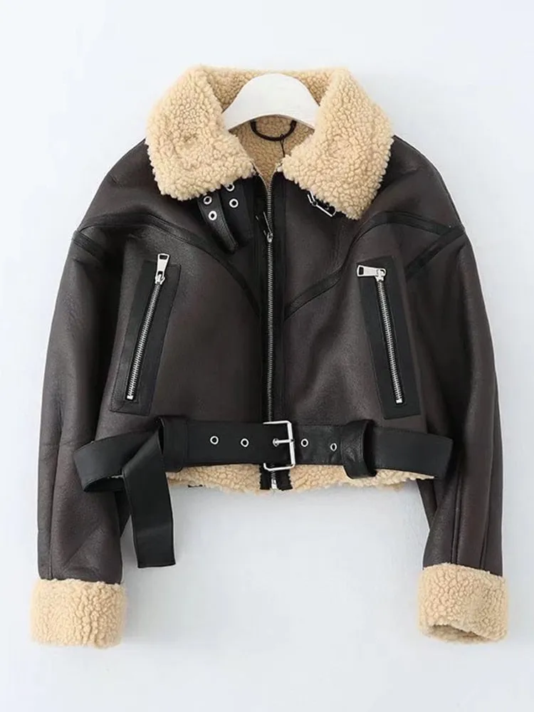 Winter Warm Faux Leather Moto Biker Jacket - Zipper Closure - Short Length - Belt Included.