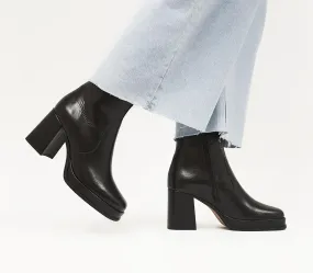 Women's Black Leather Platform Block Heel Ankle Boots for Office Application