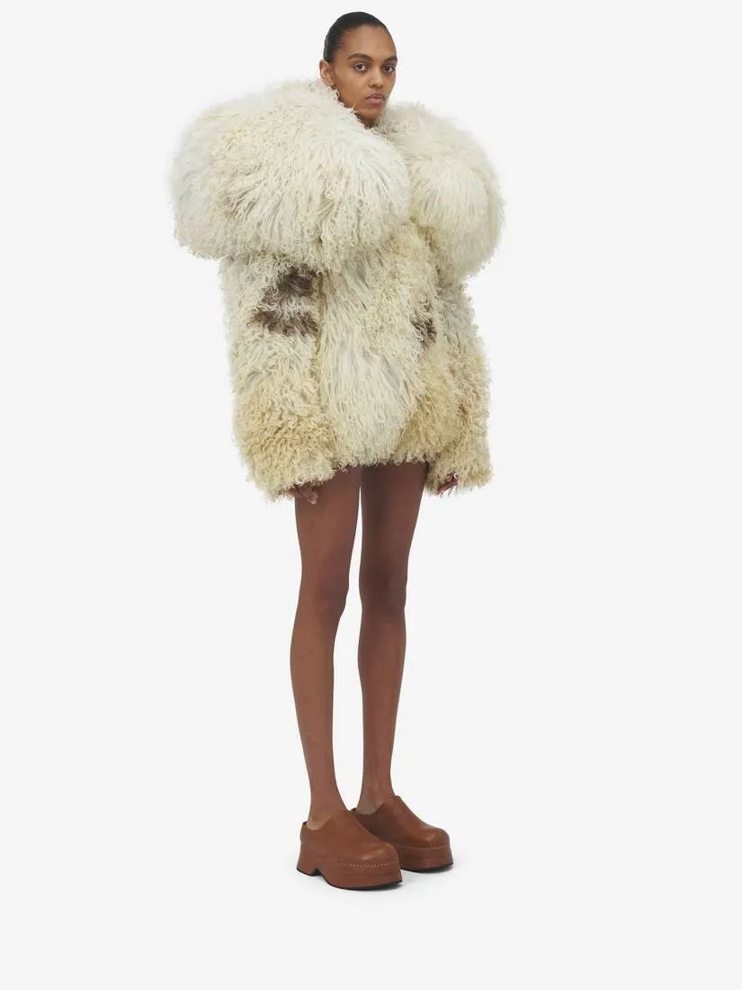 Women's Exaggerated Shoulder Shearling Coat​ in Beige