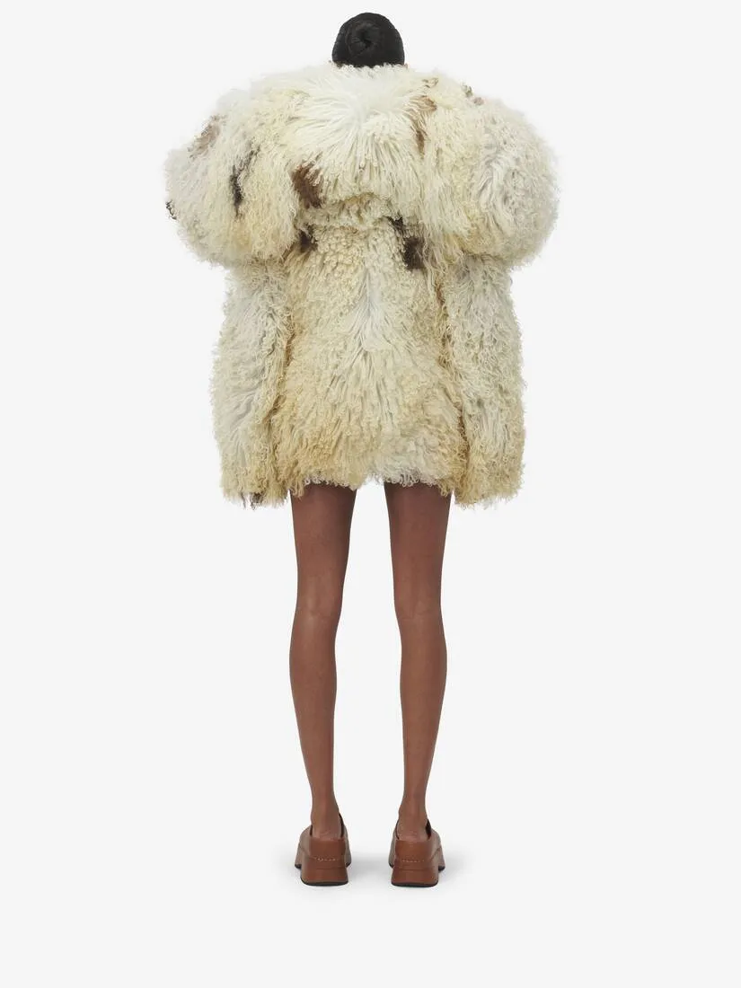 Women's Exaggerated Shoulder Shearling Coat​ in Beige