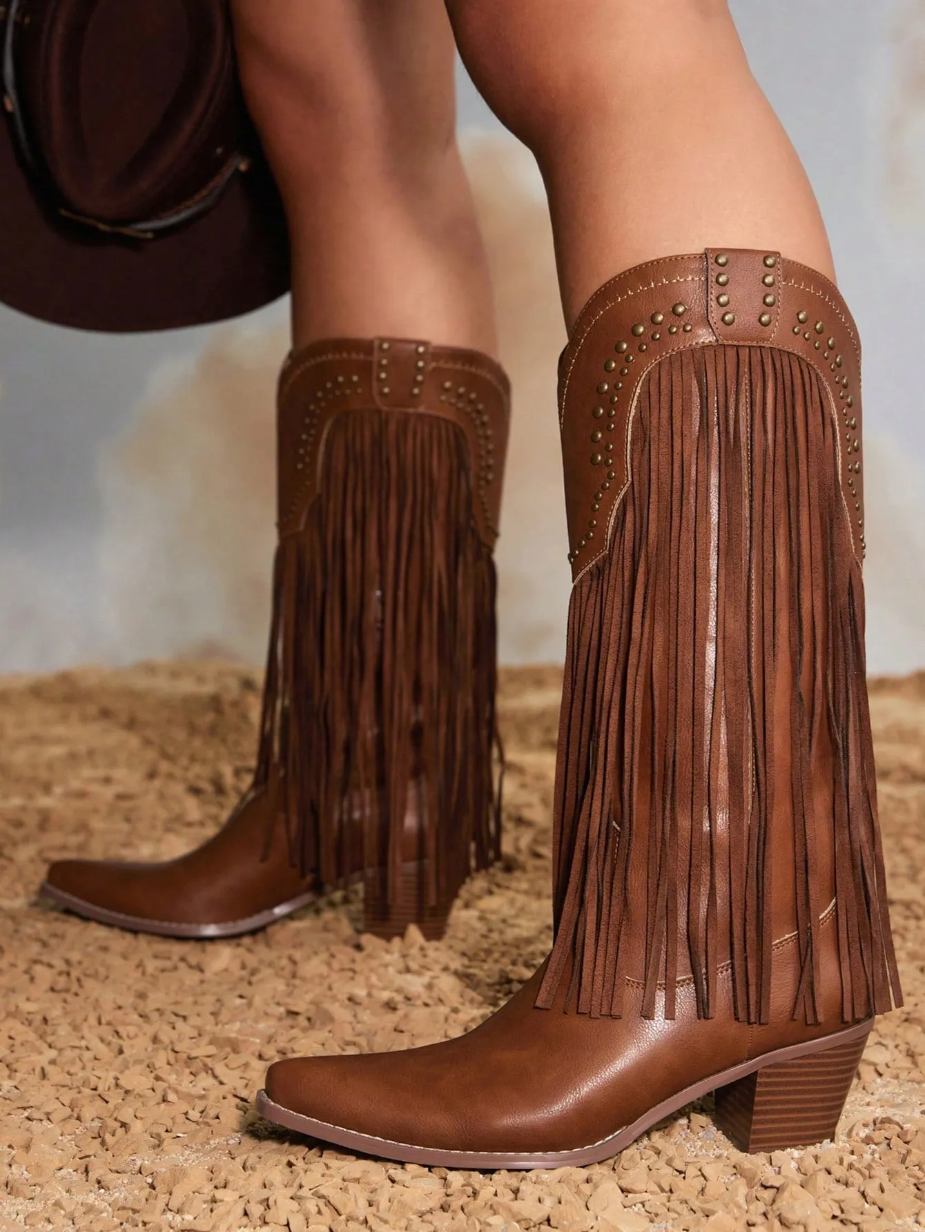 Women's Fringe Stud Detail Pointed Toe Chunky Heel Brown Western Boots