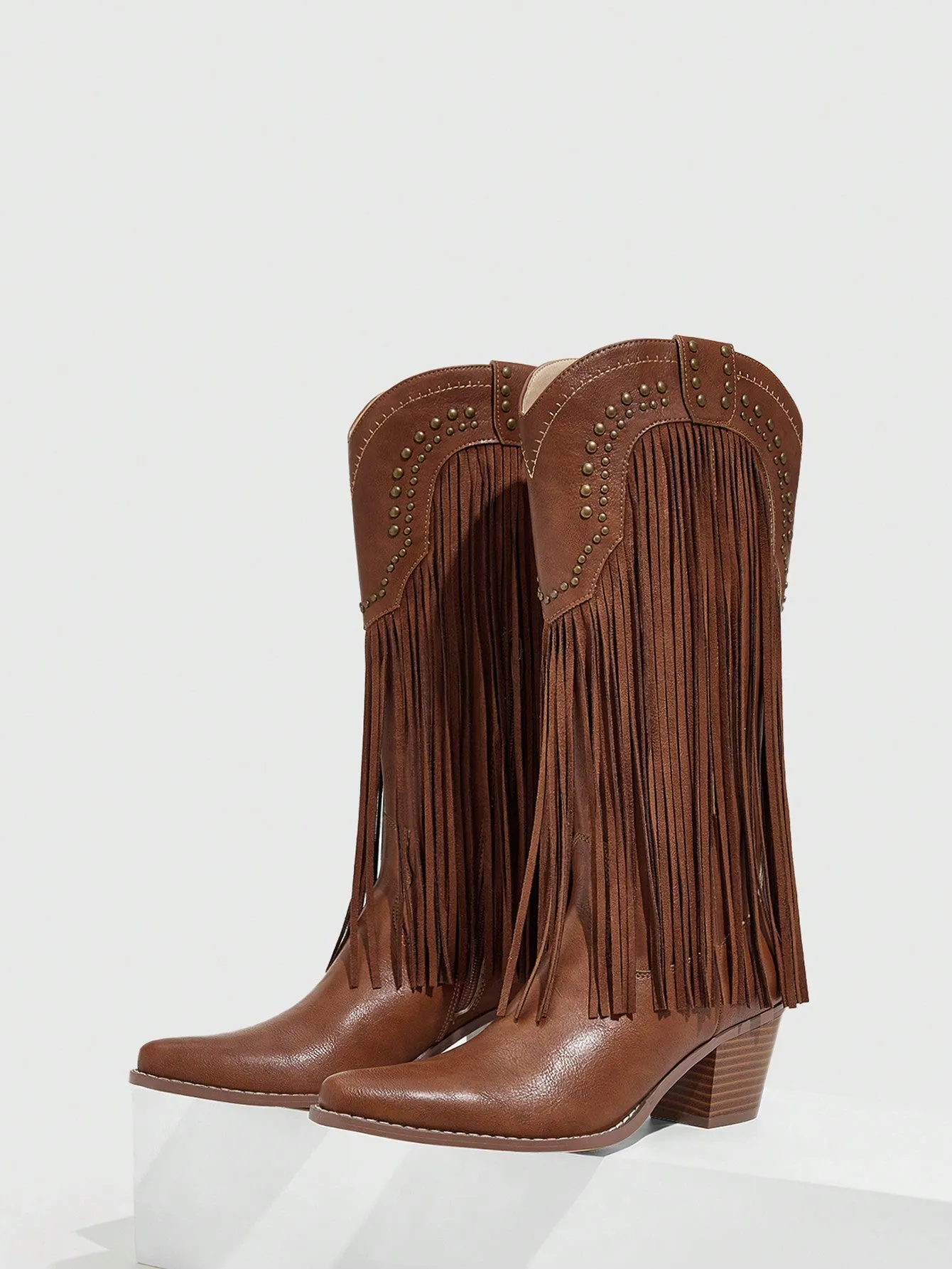 Women's Fringe Stud Detail Pointed Toe Chunky Heel Brown Western Boots