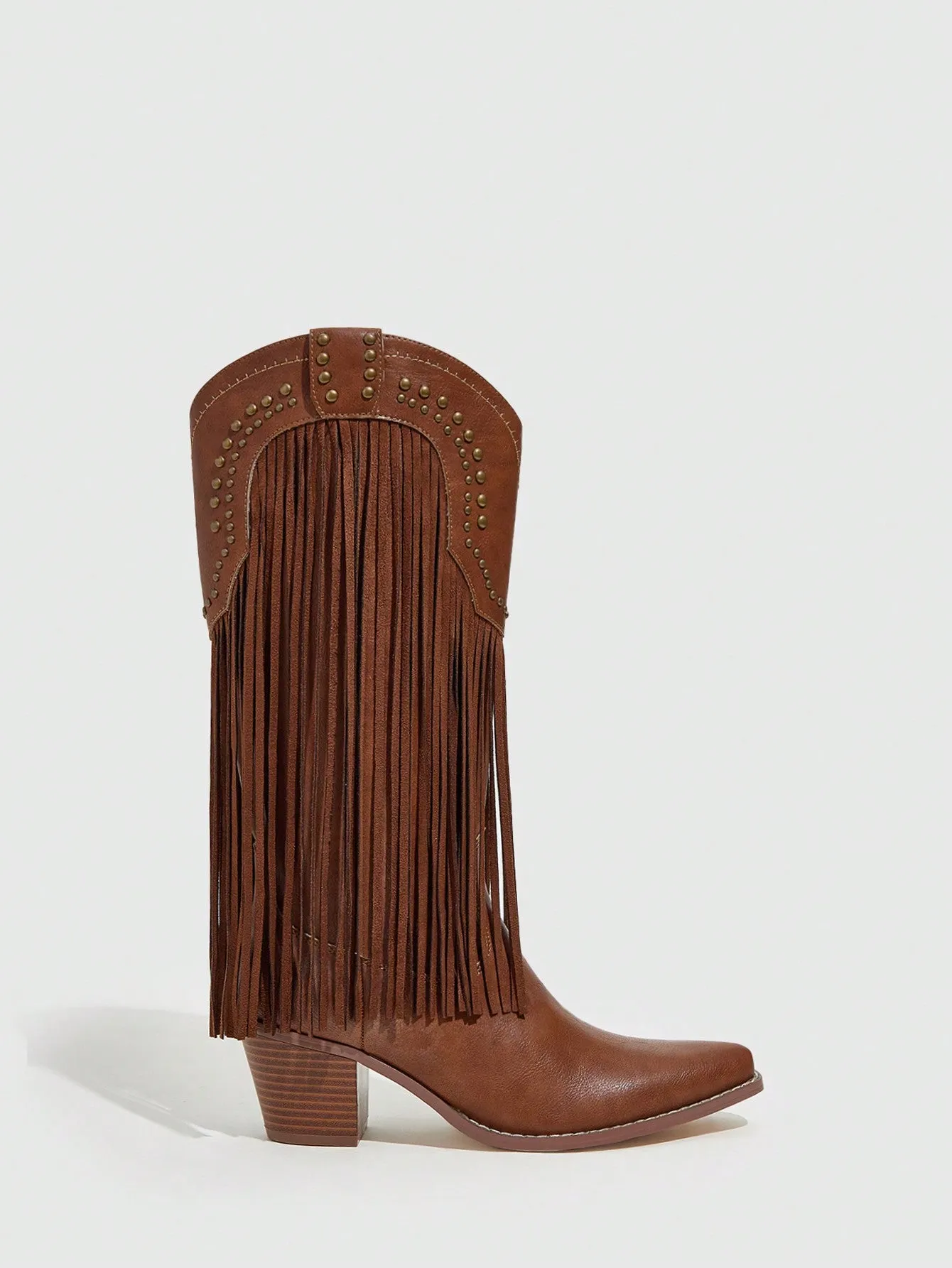 Women's Fringe Stud Detail Pointed Toe Chunky Heel Brown Western Boots