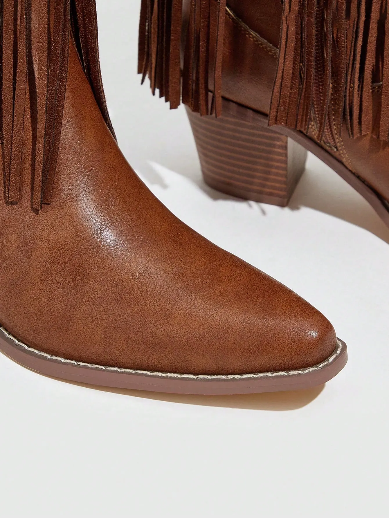 Women's Fringe Stud Detail Pointed Toe Chunky Heel Brown Western Boots