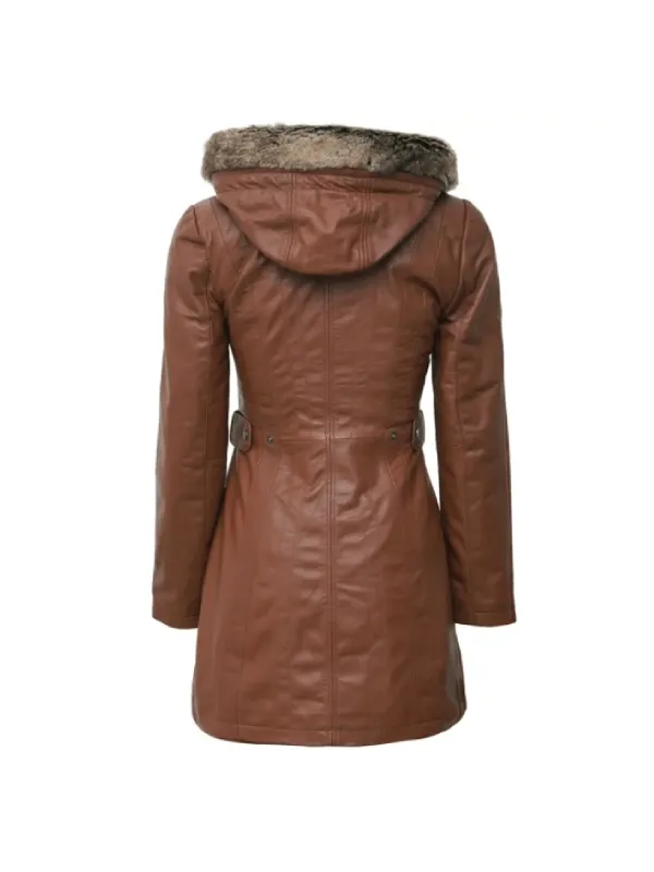 Womens Hooded Brown Leather Shearling Coat