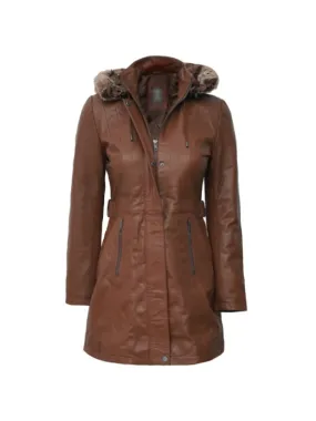 Womens Hooded Brown Leather Shearling Coat